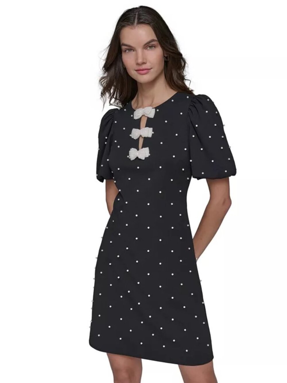 Karl Lagerfeld Paris Scuba Crepe Sheath Pearl Bow Neckline Details Size 0/XS
